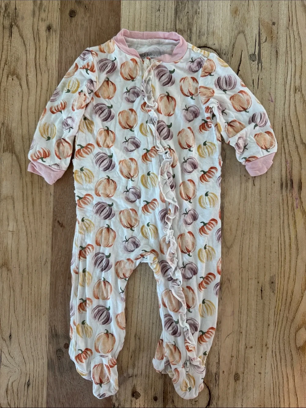 Pumpkin Print White Footie One-Piece with Pink Trim